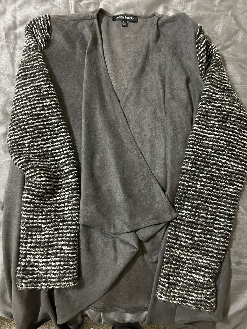Jealous Tomato Gray Faux-Suede Cardigan with Black & White Knit Sleeves